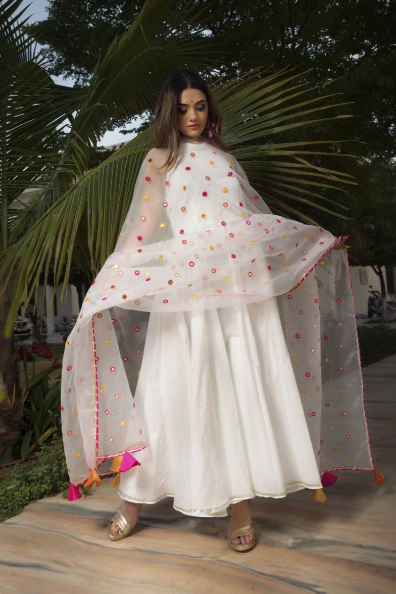 Georgette gown with border work & colourful fabric latkan on back