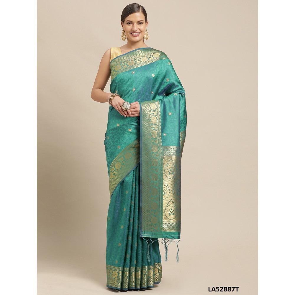 Sharaa Ethnica Turquoise color Kanjeevaram Silk Sarees with unstiched blouse piece