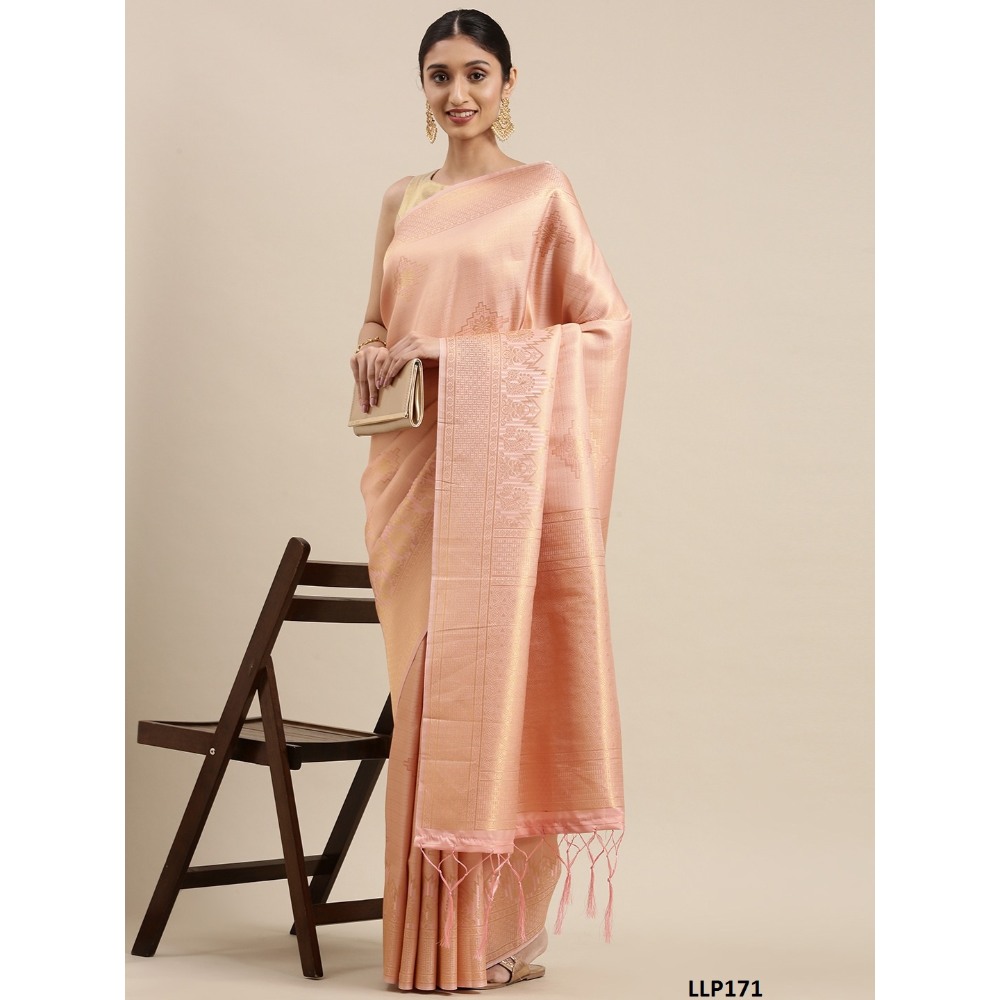 Sharaa Ethnica Peach color Kanjeevaram Silk Sarees with unstiched blouse piece