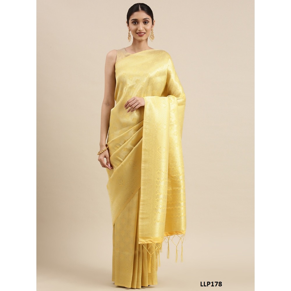 Sharaa Ethnica Yellow color Kanjeevaram Silk Sarees with unstiched blouse piece