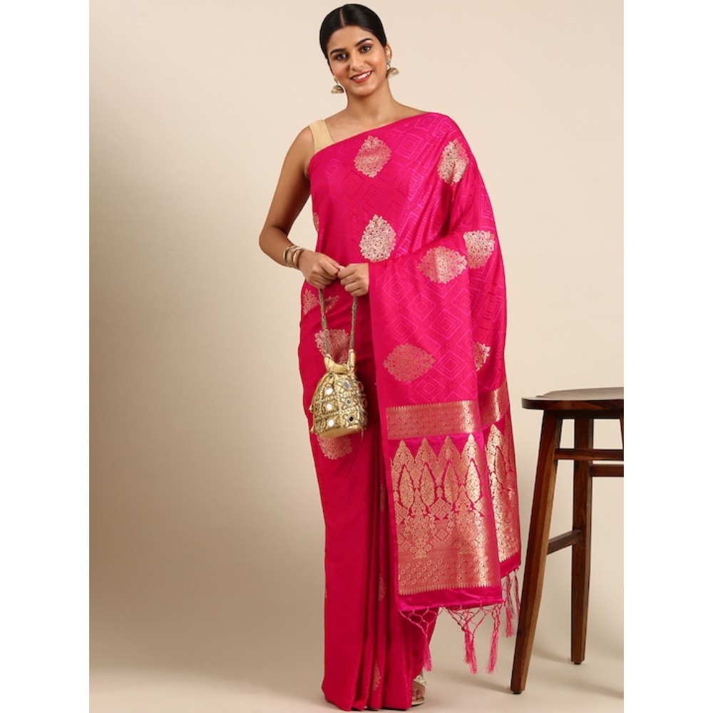 Sharaa Ethnica Magenta Pink Kanjeevaram saree with unstitched blouse pcs