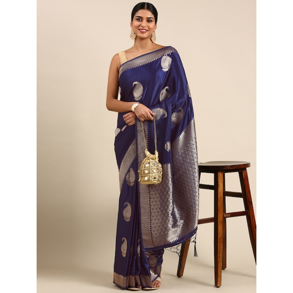 Sharaa Ethnica Royal Blue Kanjeevaram saree with unstitched blouse pcs