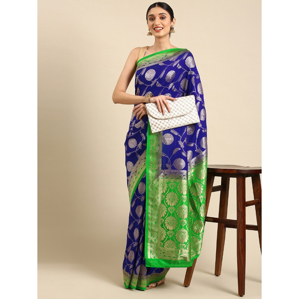Sharaa Ethnica Blue Kanjeevaram saree with unstitched blouse pcs