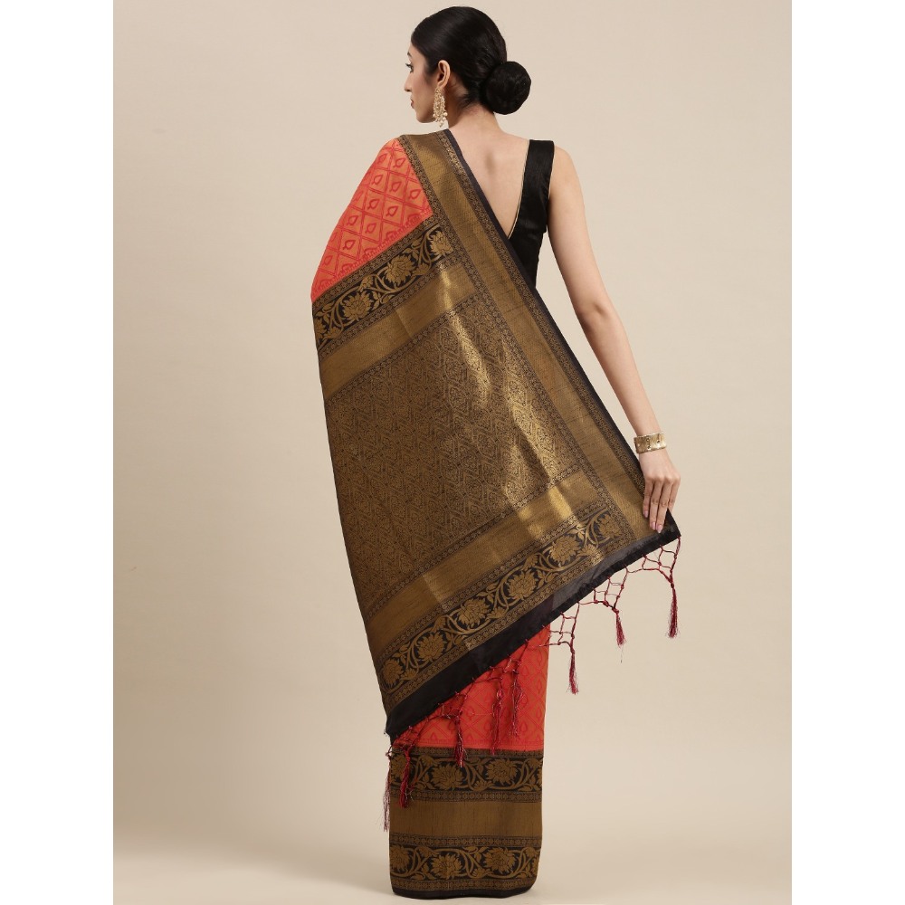 Sharaa Ethnica Red - Navy color Kanjeevaram Silk Sarees with unstiched blouse piece