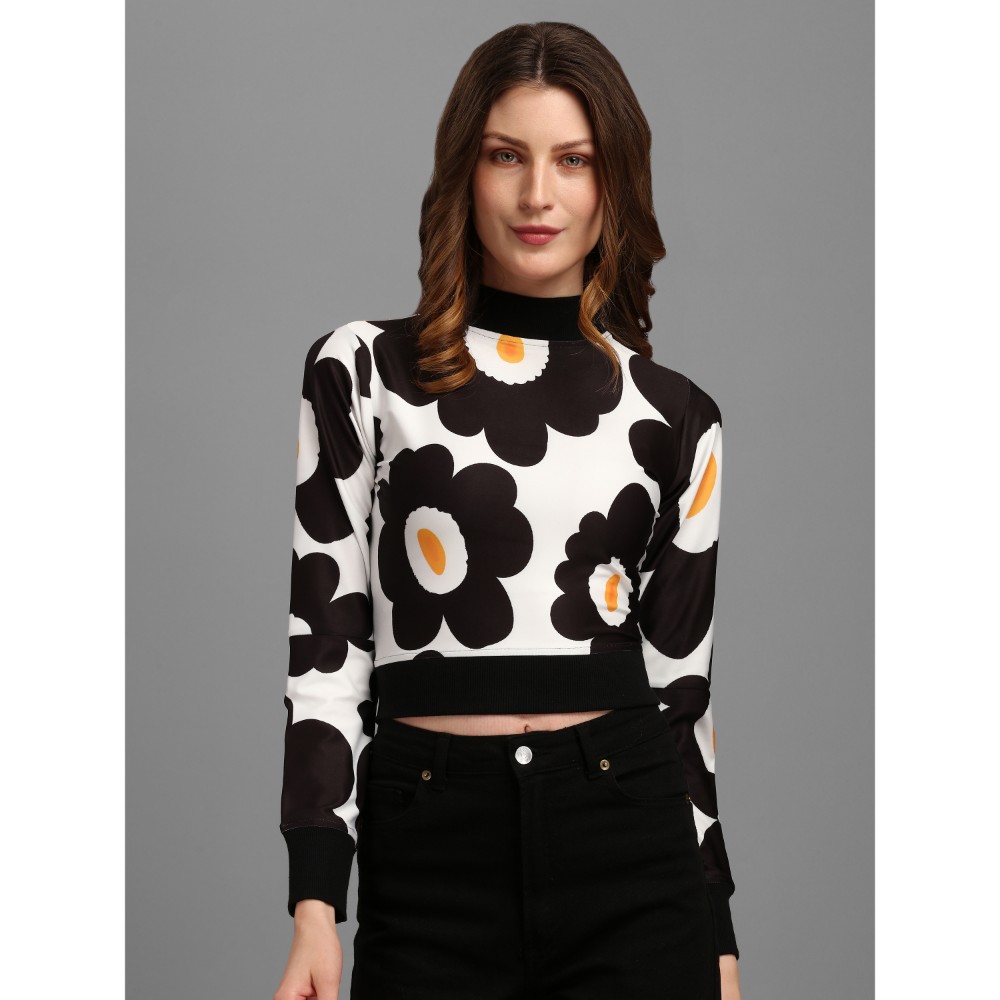 Purvaja Black And White Color With yellow Printed Crop Top