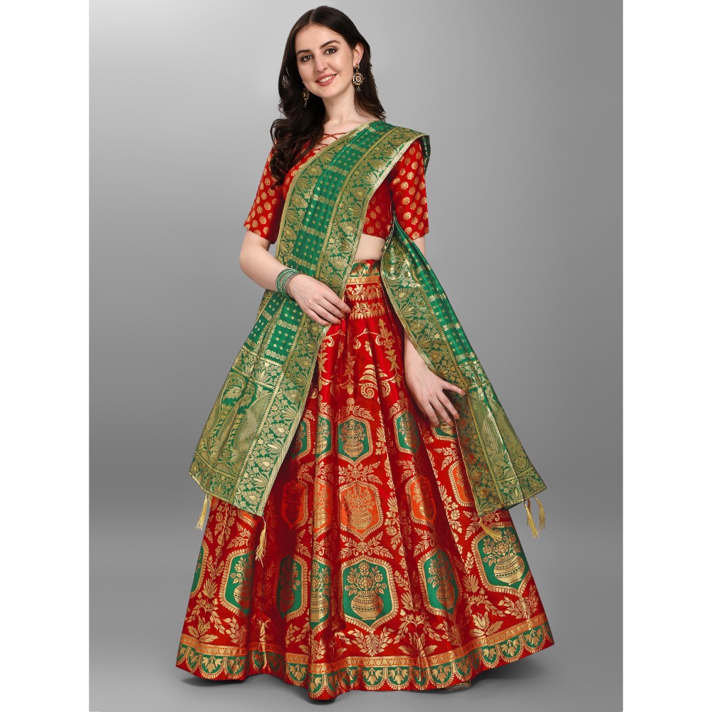 Purvaja Red Floral Woven Worked On Lehenga Choli Set with Dupatta 