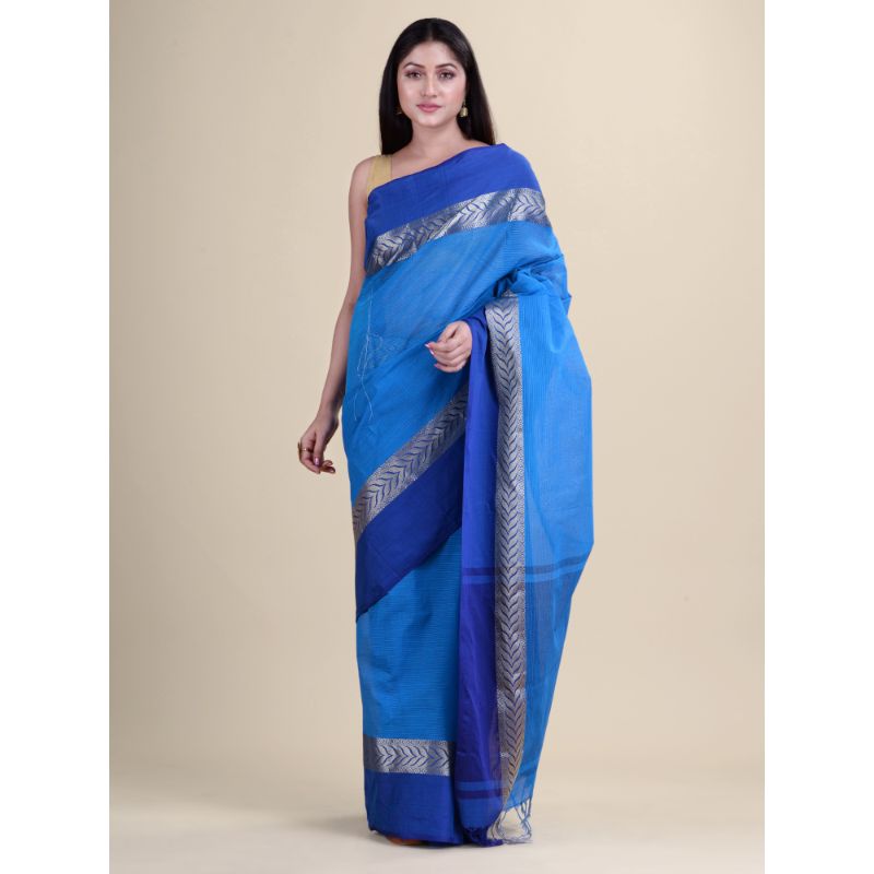 Laa Calcutta Sky Blue & Blue Traditional Bengal Handloom saree with Blouse material