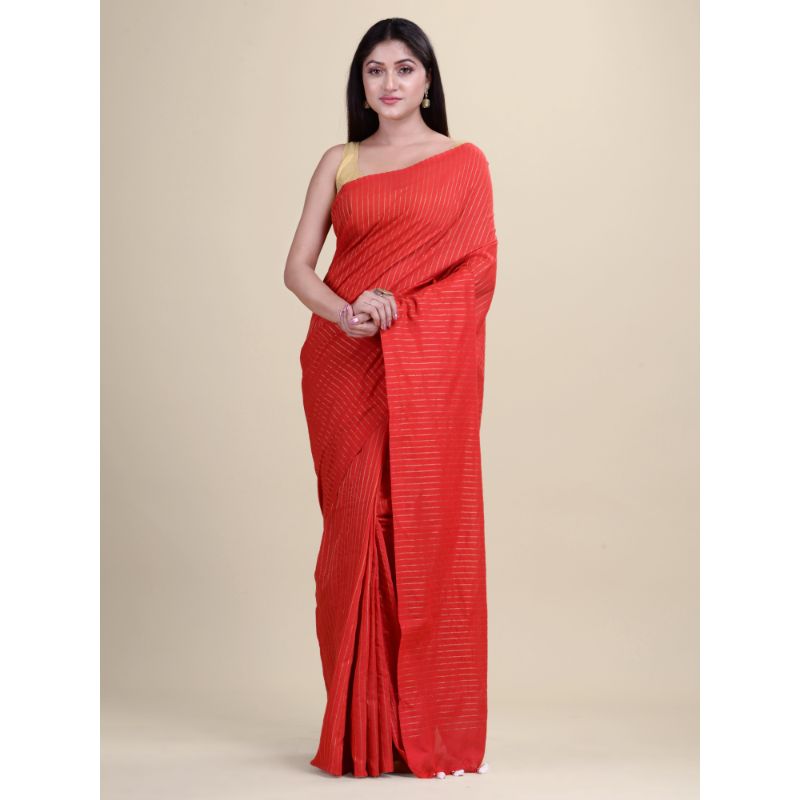 Laa Calcutta Red & Golden ZoriTraditional Bengal Handloom saree with Blouse material