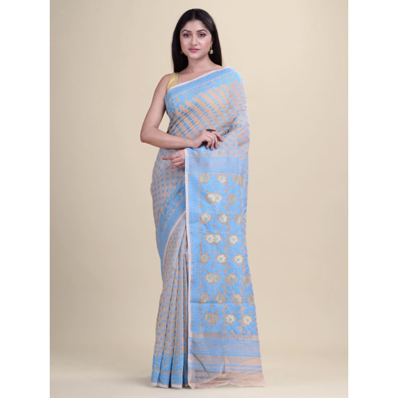 Laa Calcutta Off-White & Blue Traditional Jamdani saree without Blouse material