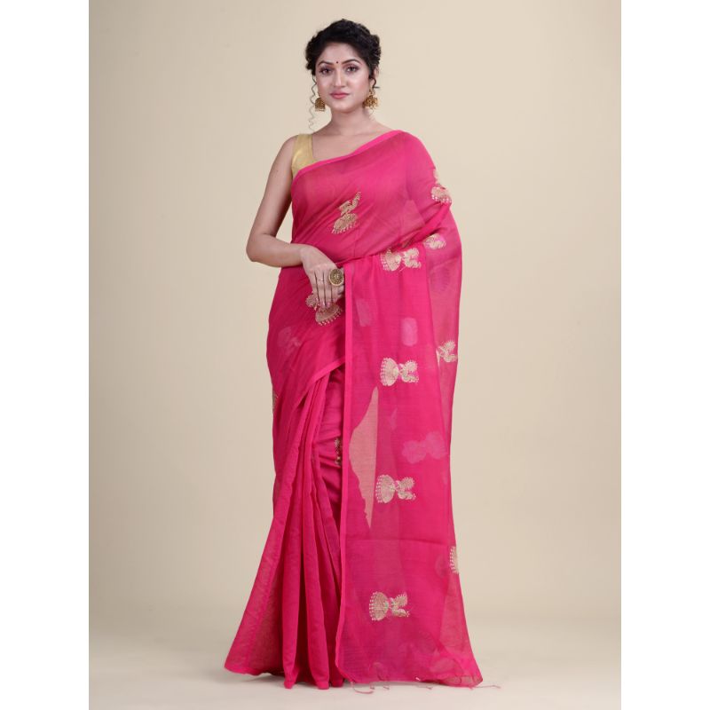 Laa Calcutta Pink & Golden Traditional Bengal Handloom saree with Blouse material
