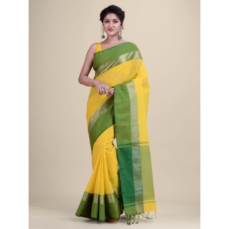 Laa Calcutta Yellow & Green Traditional Bengal Handloom saree with Blouse material