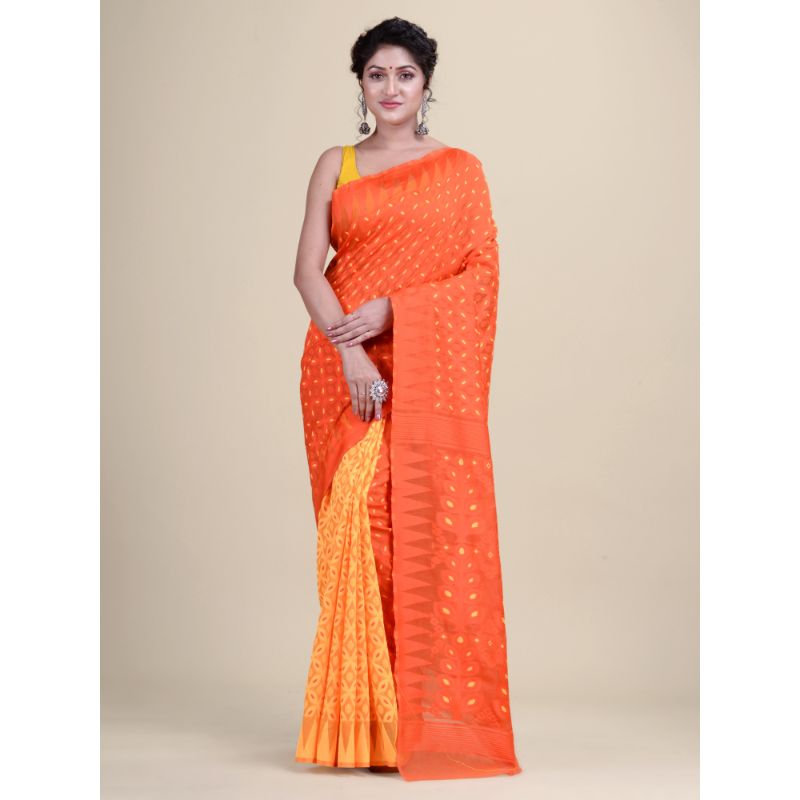 Laa Calcutta Orange & Yellow Traditional Jamdani saree without Blouse material