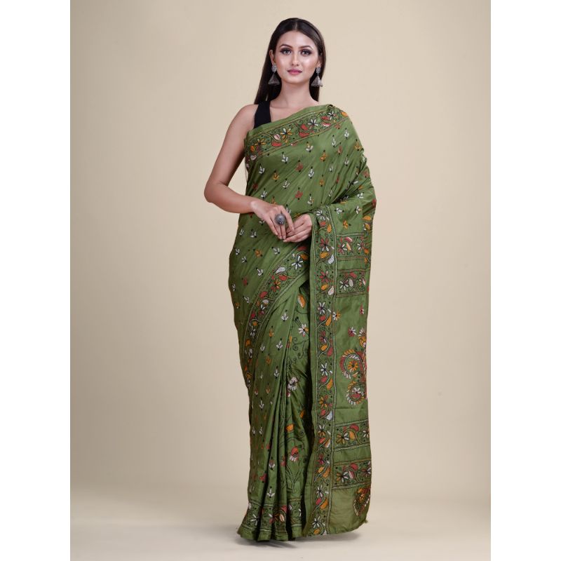 Laa Calcutta Green & Multi Traditional Katha Work saree with Blouse material