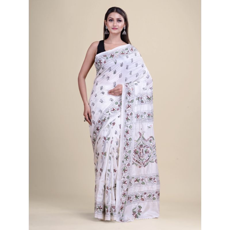 White & Multi Traditional Katha Work saree with Blouse material