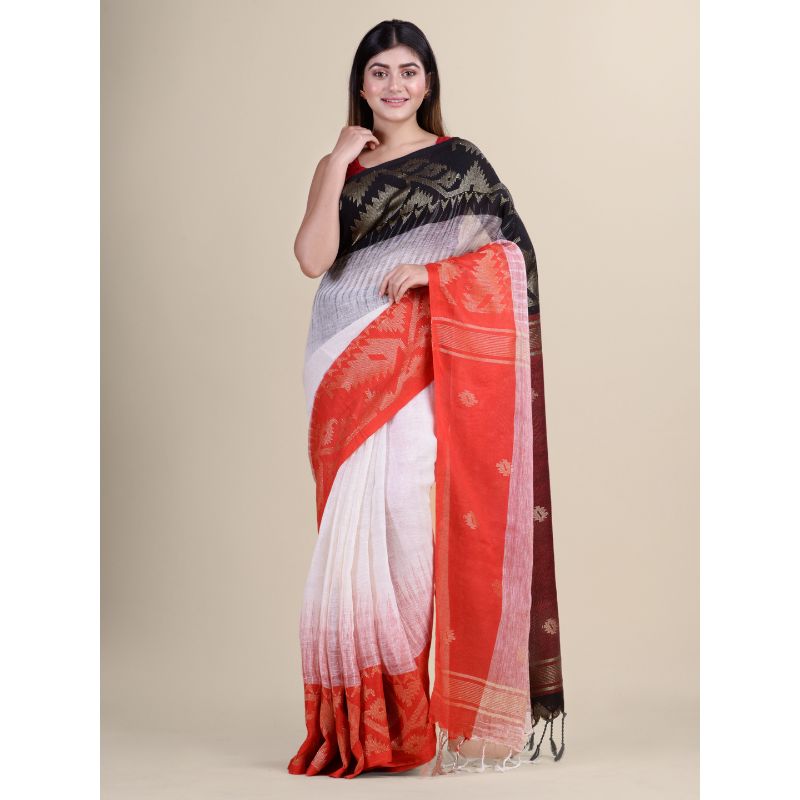 Laa Calcutta Red & White Traditional Linen saree with Blouse material