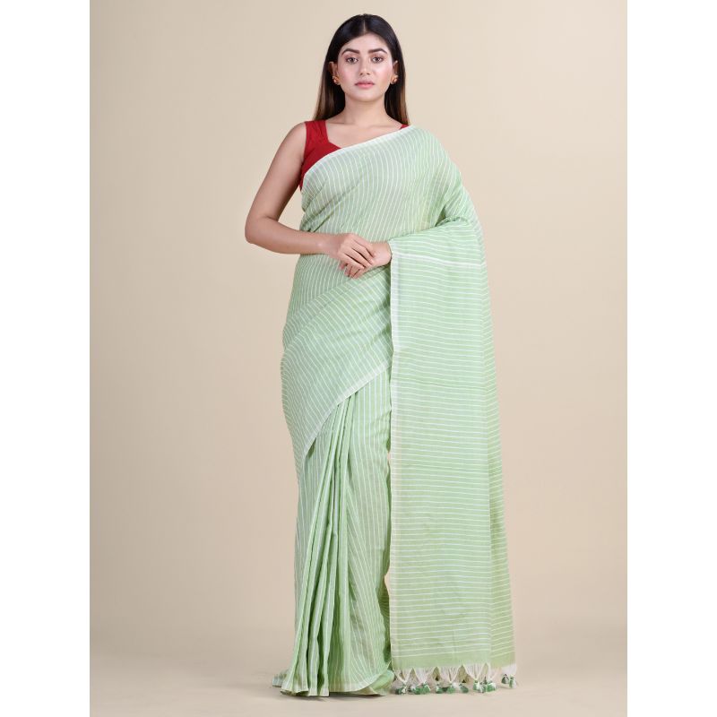 Laa Calcutta Pista Green & White Traditional Bengal Handloom saree with Blouse material