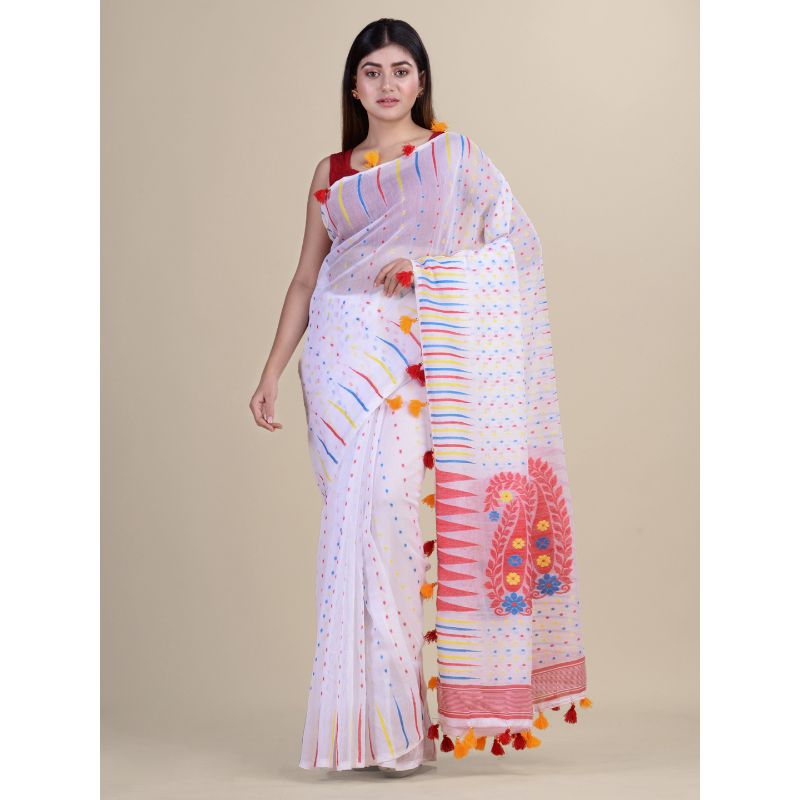 Laa Calcutta White And Red Traditional Jamdani saree without Blouse material