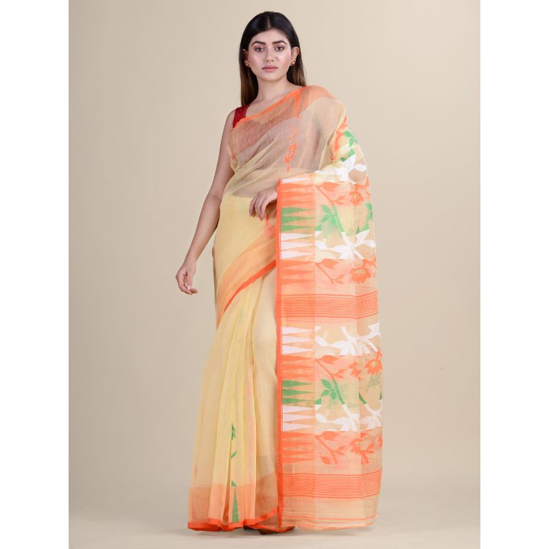 Laa Calcutta Yellow & Orange Traditional Jamdani saree without Blouse material