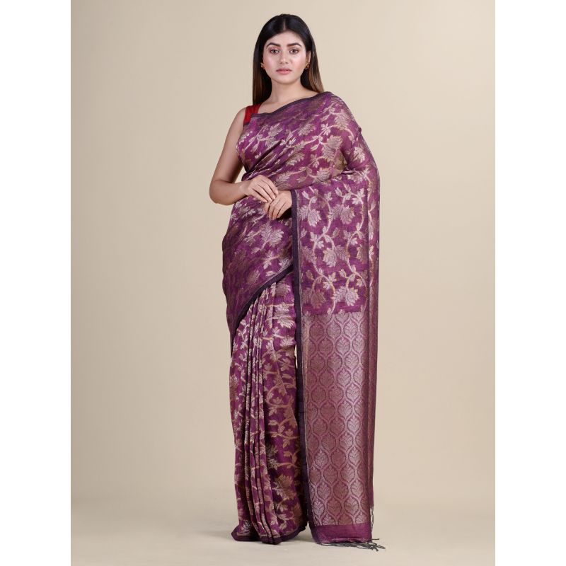 Laa Calcutta Purple & Golden Traditional Linen saree with Blouse material