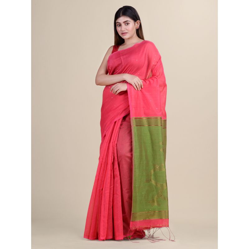 Laa Calcutta Magenta &Olive Green Traditional Bengal Handloom saree with Blouse material