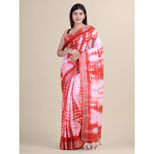 Laa Calcutta Red & White Traditional Bengal Handloom saree with Blouse material