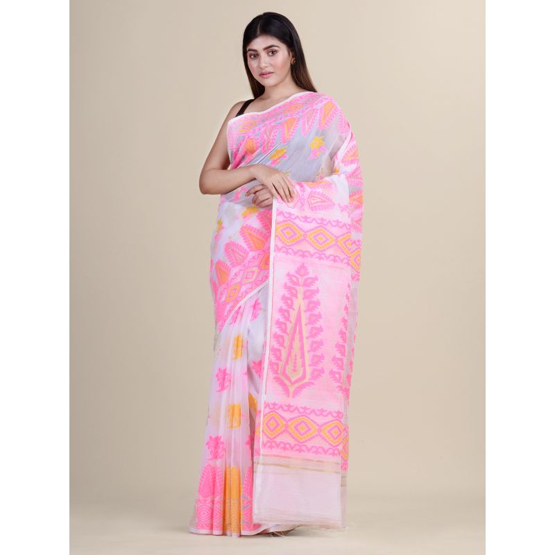 Laa Calcutta White & Pink Traditional Jamdani saree without Blouse material