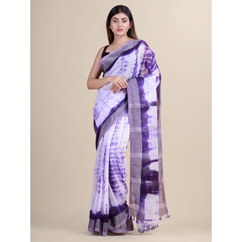 Laa Calcutta Purple & White Traditional Bengal Handloom saree with Blouse material