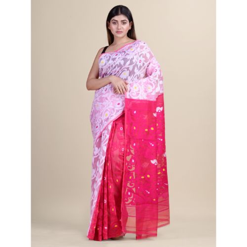 Laa Calcutta White & Deep Pink Traditional Jamdani saree without Blouse material