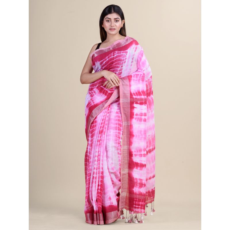 Laa Calcutta Pink & White Traditional Bengal Handloom saree with Blouse material
