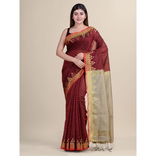 Laa Calcutta Golden & Maroon Traditional Bengal Handloom saree with Blouse material