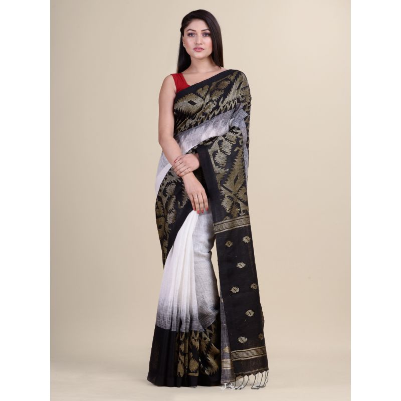 Laa Calcutta White & Black Traditional Linen saree with Blouse material