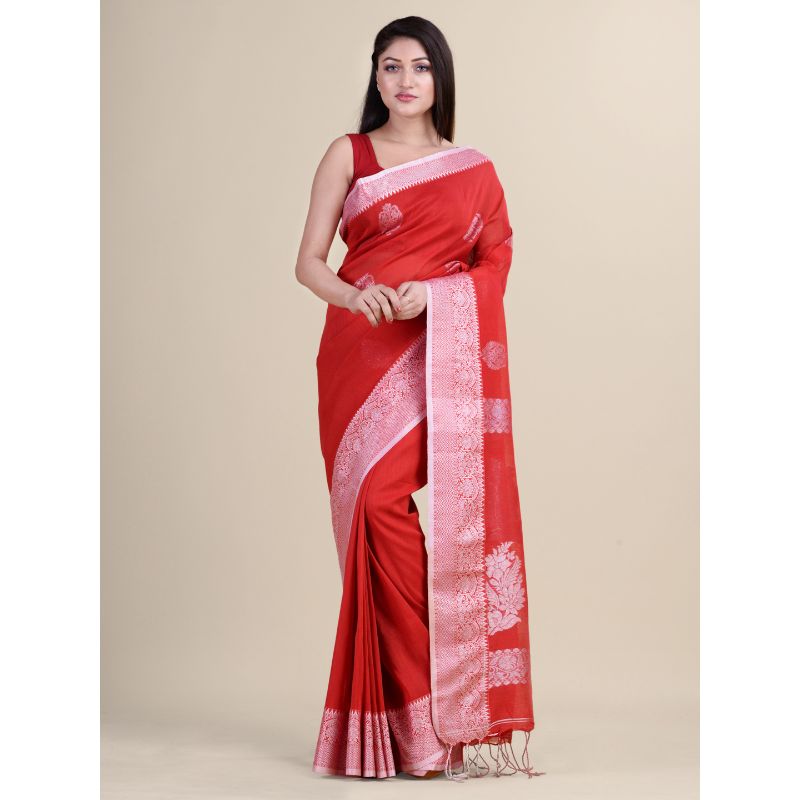Laa Calcutta Red & Silver Traditional Linen saree with Blouse material