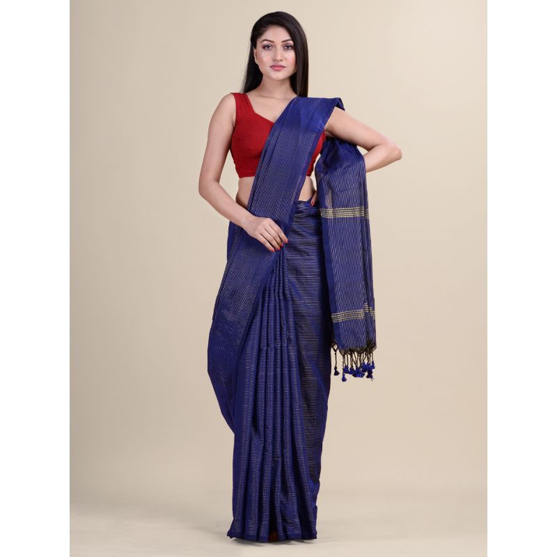 Laa Calcutta Blue & Golden Zori Traditional Bengal Handloom saree with Blouse material