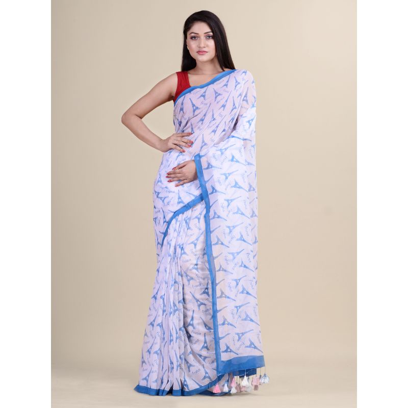 Laa Calcutta White & Blue Traditional Bengal Handloom saree without Blouse material