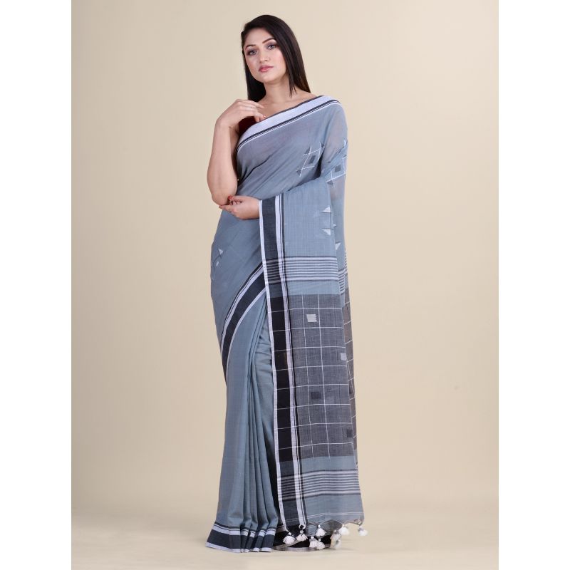 Laa Calcutta Grey & Black Traditional Bengal Handloom saree with Blouse material