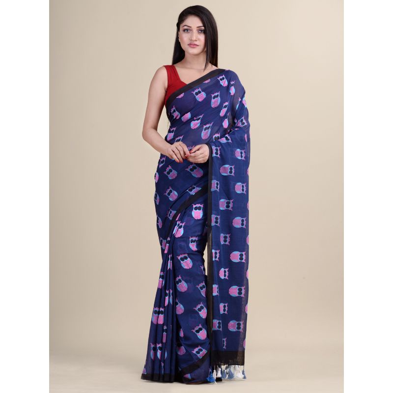 Laa Calcutta Navy Blue Traditional Bengal Handloom saree with Blouse material
