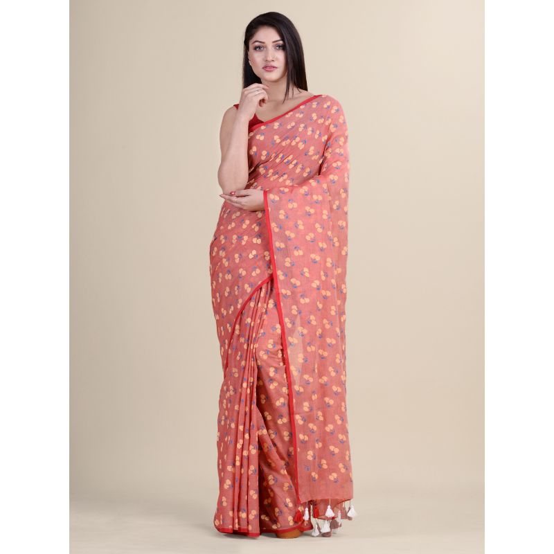 Laa Calcutta Peach & Multi Traditional Bengal Handloom saree with Blouse material