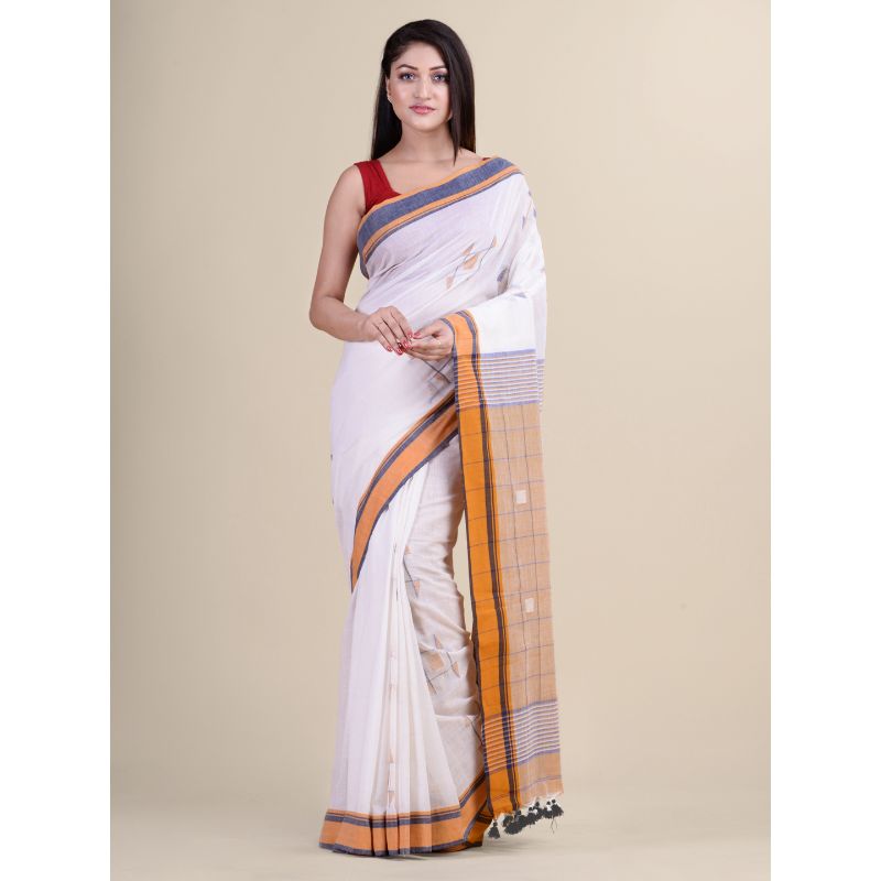 Laa Calcutta White & Brown Traditional Bengal Handloom saree with Blouse material