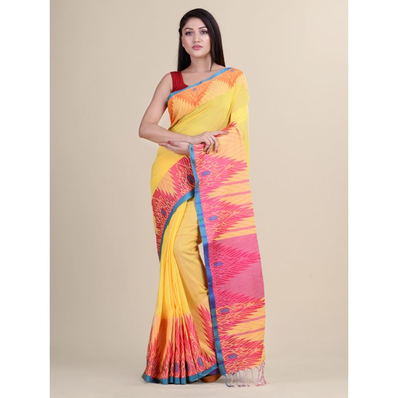 Laa Calcutta Yellow & Multi Traditional Bengal Handloom saree with Blouse material