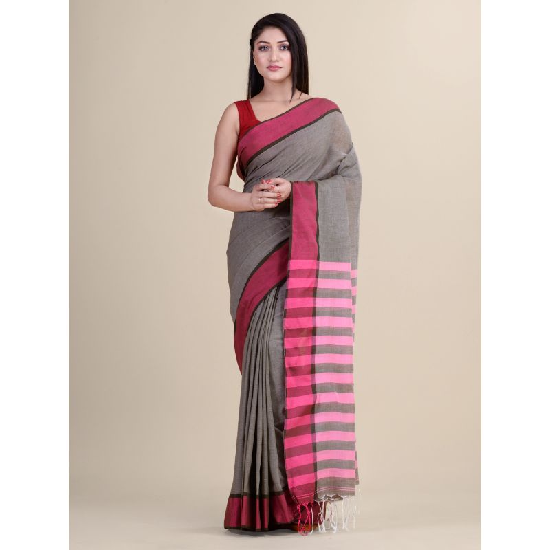 Laa Calcutta Grey & Pink Traditional Bengal Handloom saree with Blouse material