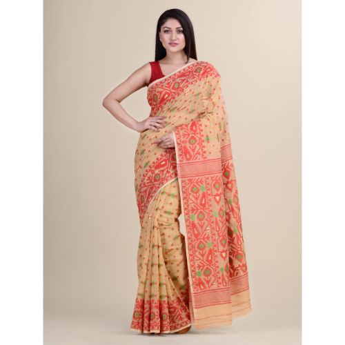Laa Calcutta Beige & Red Traditional Jamdani saree without Blouse material