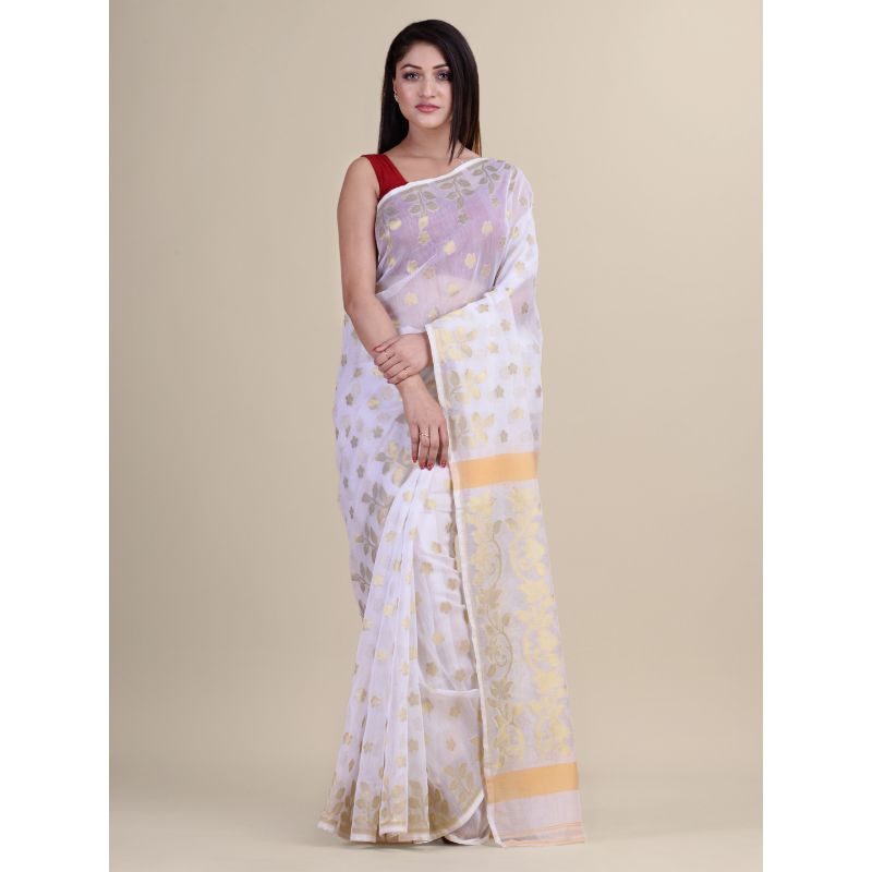 Laa Calcutta White & Golden Traditional Jamdani saree without Blouse material