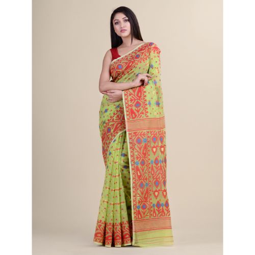 Laa Calcutta Green & Red Traditional Jamdani saree without Blouse material