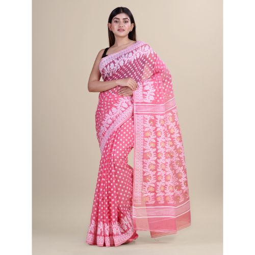 Laa Calcutta Pink & White Traditional Jamdani saree without Blouse material