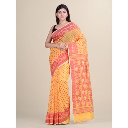 Laa Calcutta Yellow & Red Traditional Jamdani saree without Blouse material