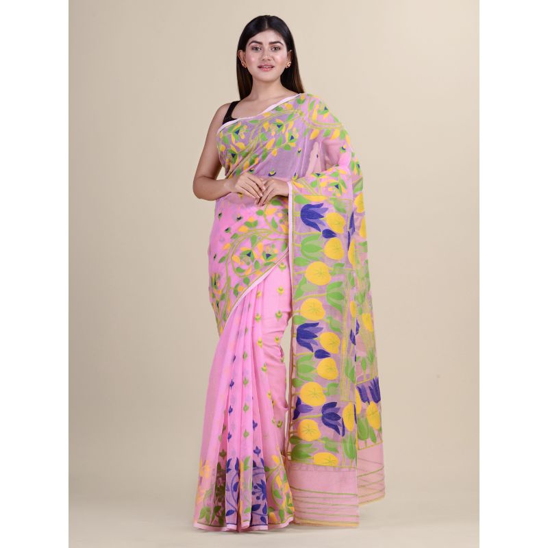 Laa Calcutta Pink & Blue Traditional Jamdani saree without Blouse material