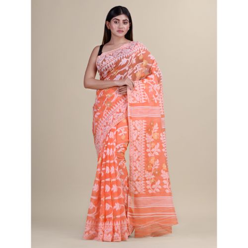 Laa Calcutta Orange & White Traditional Jamdani saree without Blouse material
