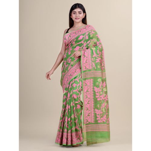 Laa Calcutta Green & Pink Traditional Jamdani saree without Blouse material