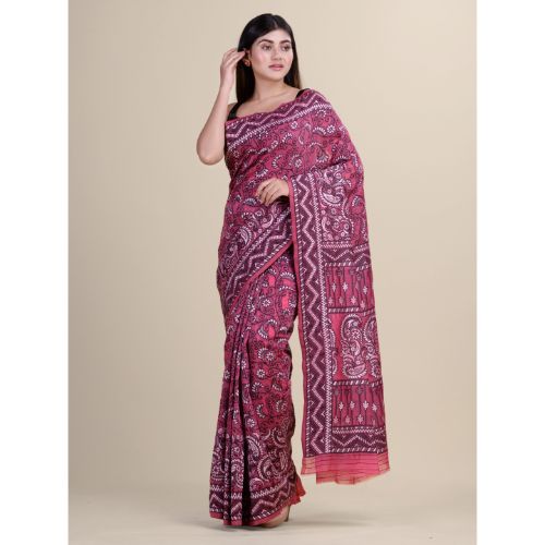 Laa Calcutta Pink & Black Traditional Bengal Handloom saree with Blouse material