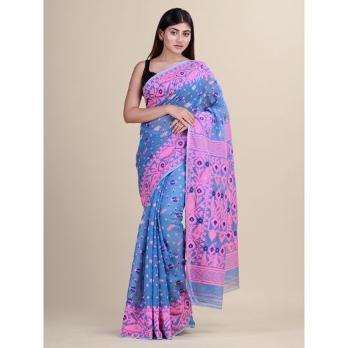 Laa Calcutta Blue & Pink Traditional Jamdani saree without Blouse material